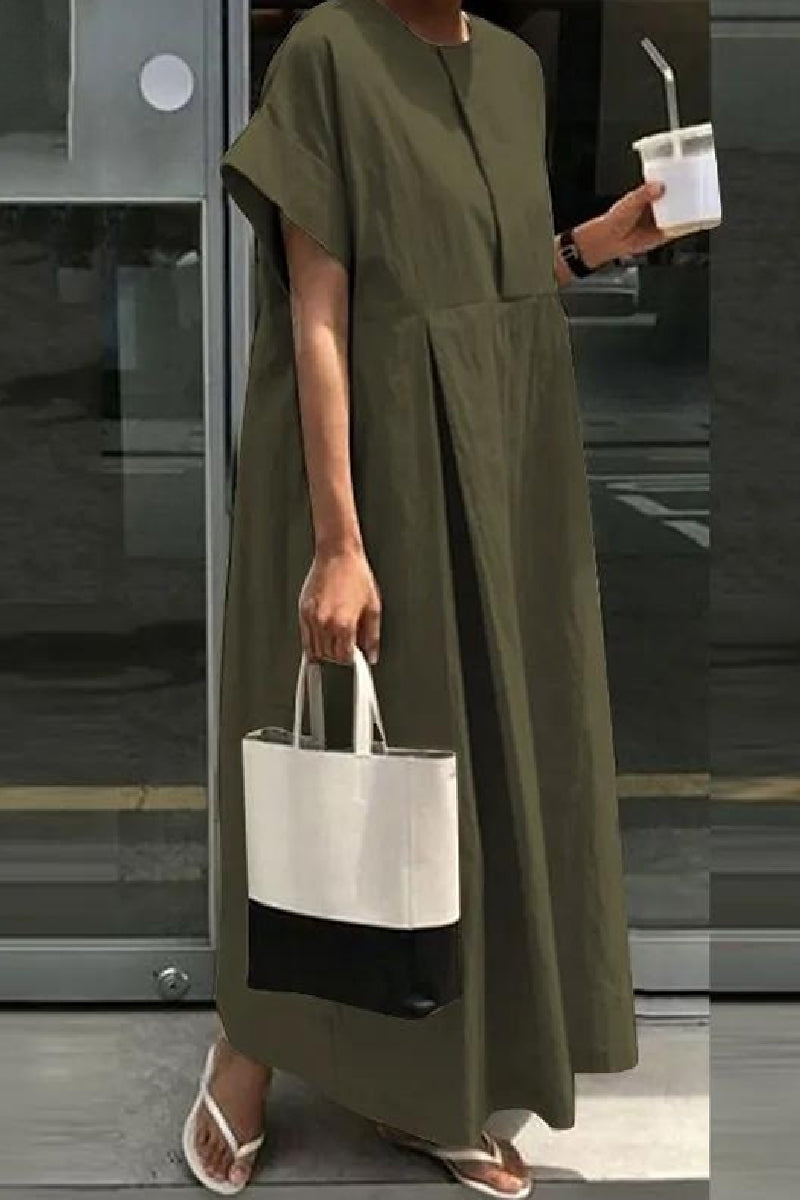 Casual Solid Color Patchwork O Neck Long Dresses(4 Colors) Army Green