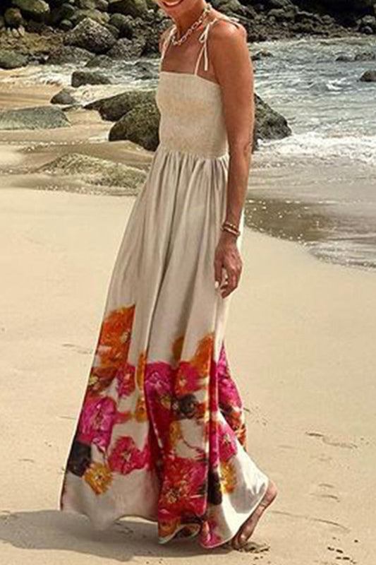 Sexy Vacation Floral Print Backless Ruched Printed Dresses Multicolor