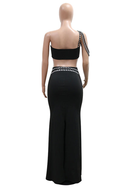 Sexy Patchwork Backless Rhinestone Decor Oblique Collar Sleeveless Two Pieces