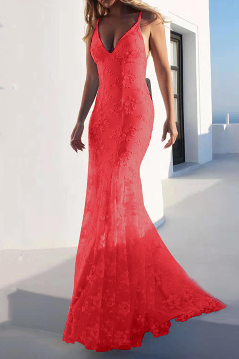 Sexy Solid Color Lace Backless Patchwork V Neck Evening Dresses(3 Colors) Red