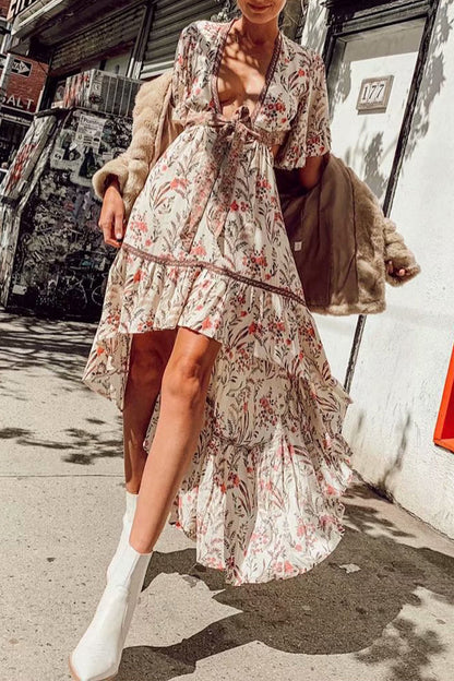 Sexy Vacation Floral Print Hollow Out Lace Up V Neck Irregular Dresses Pink