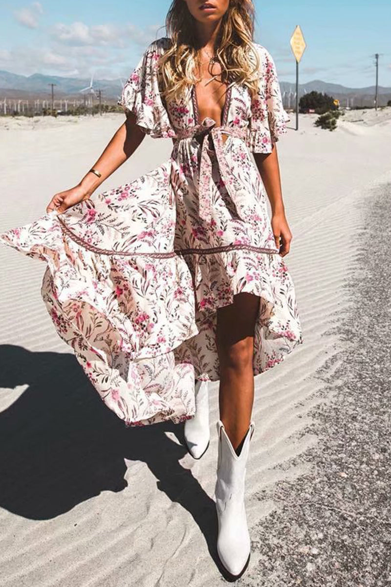 Sexy Vacation Floral Print Hollow Out Lace Up V Neck Irregular Dresses