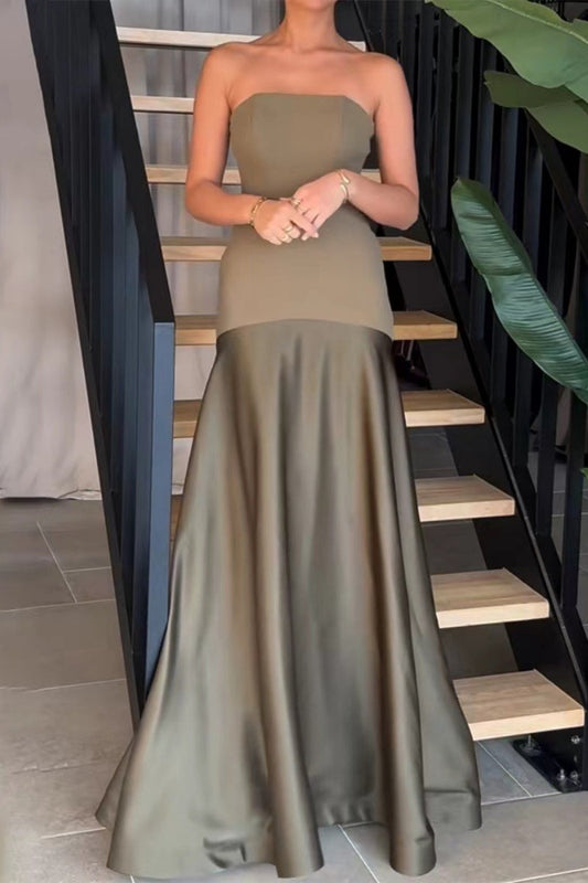 Sexy Formal Patchwork Backless Contrast Strapless Long Dresses(5 Colors) Army Green