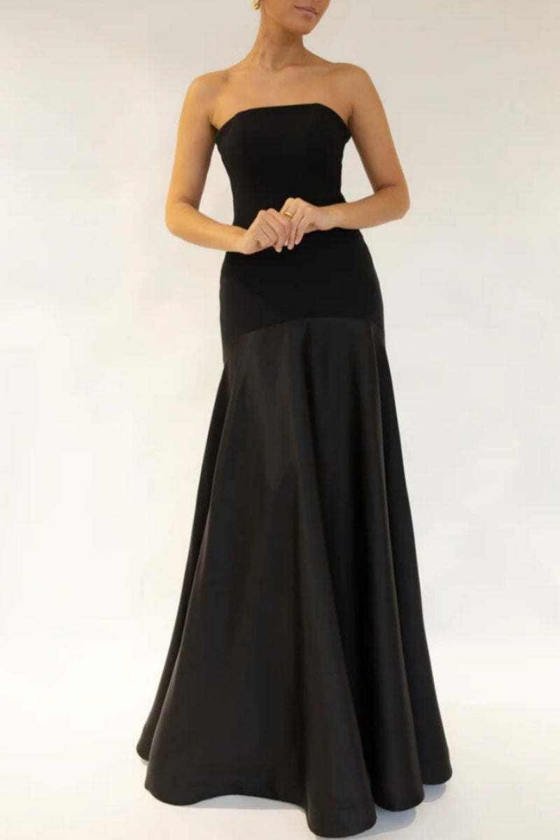 Sexy Formal Patchwork Backless Contrast Strapless Long Dresses(5 Colors) Black