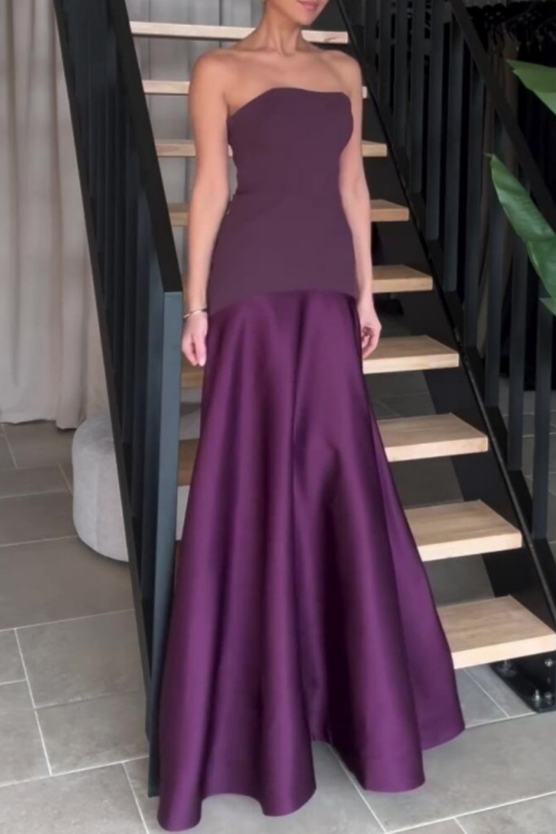 Sexy Formal Patchwork Backless Contrast Strapless Long Dresses(5 Colors) Purple