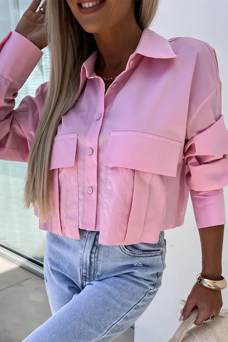 Casual Daily Solid Color Buttons Patchwork Shirt Collar Blouses(3 Colors) Pink