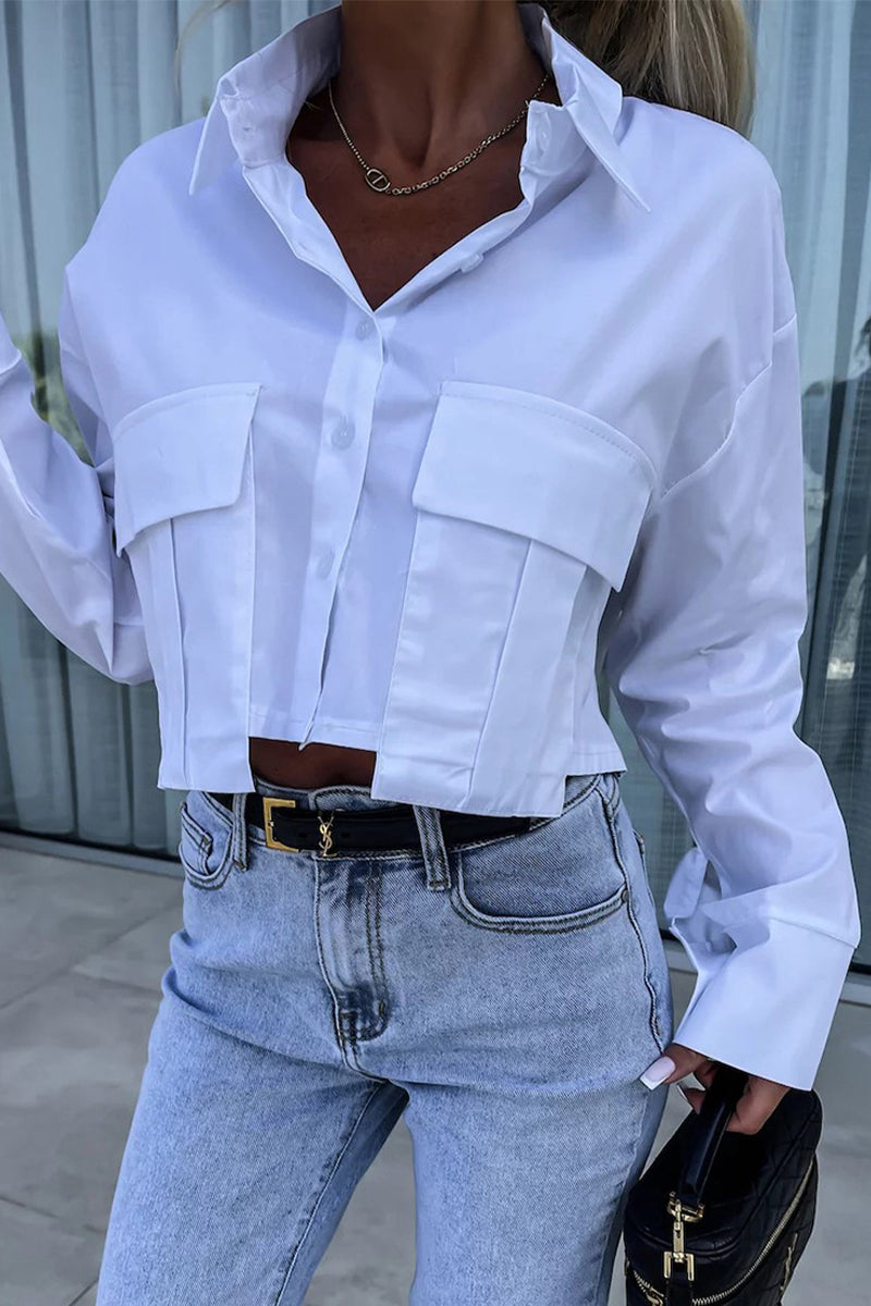 Casual Daily Solid Color Buttons Patchwork Shirt Collar Blouses(3 Colors) White