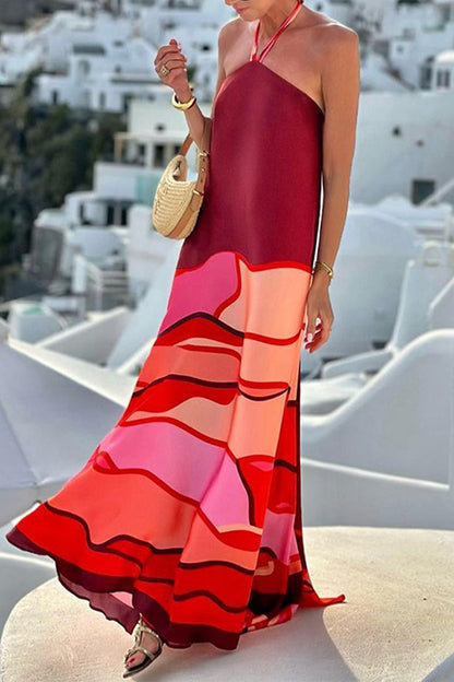 Casual Vacation Geometric Print Lace Up Backless Halter Sleeveless Dresses Burgundy