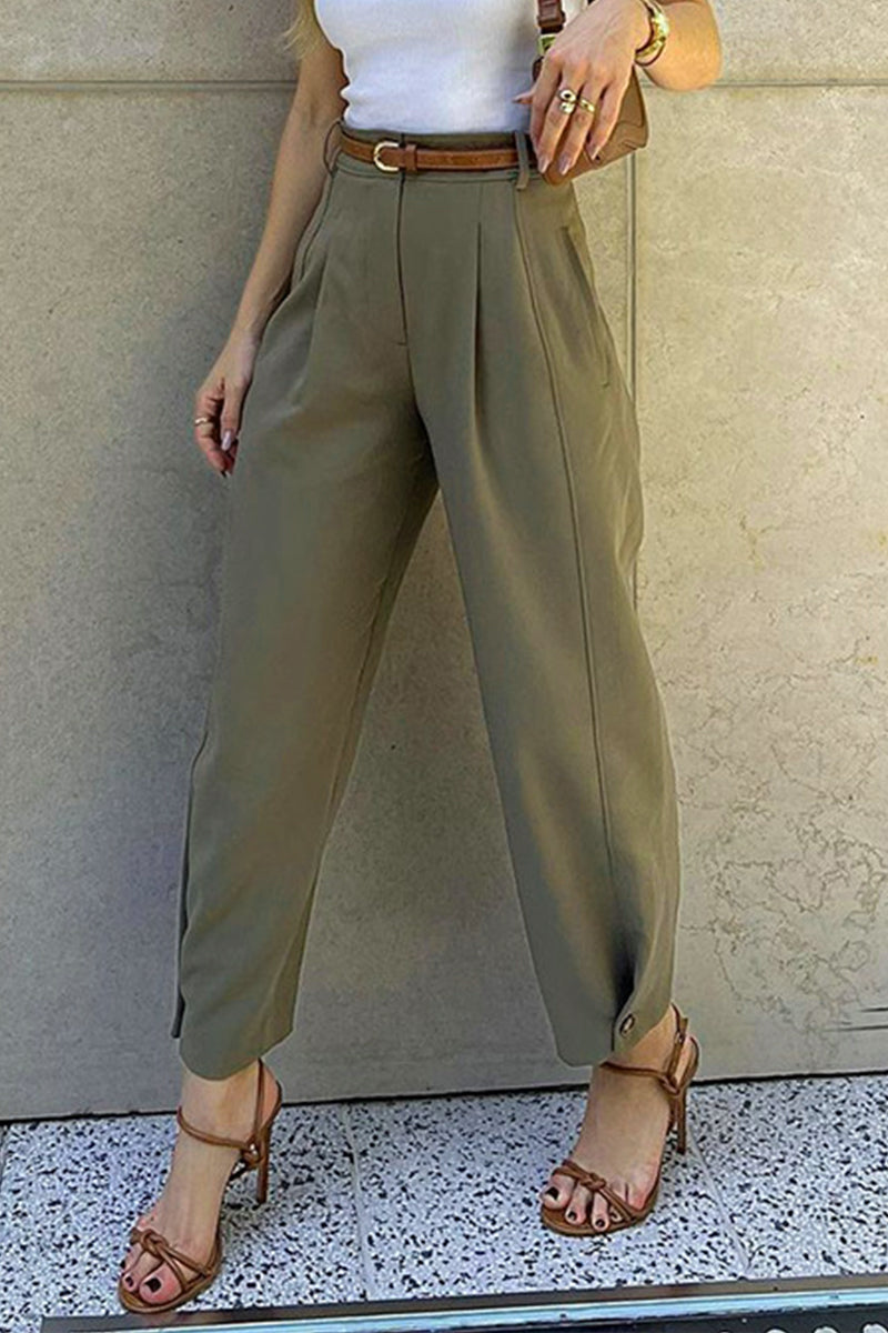 Casual Daily Solid Color Pocket With Belt Loose High Waist Harlan Solid Color Bottoms(3 Colors)