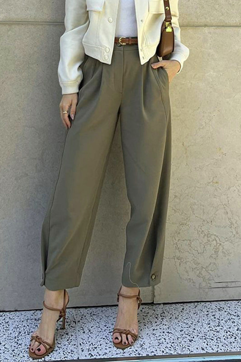 Casual Daily Solid Color Pocket With Belt Loose High Waist Harlan Solid Color Bottoms(3 Colors) Army Green