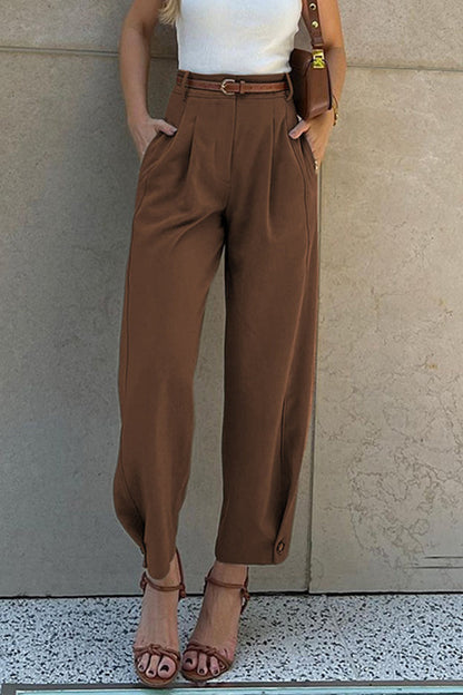 Casual Daily Solid Color Pocket With Belt Loose High Waist Harlan Solid Color Bottoms(3 Colors) Coffee