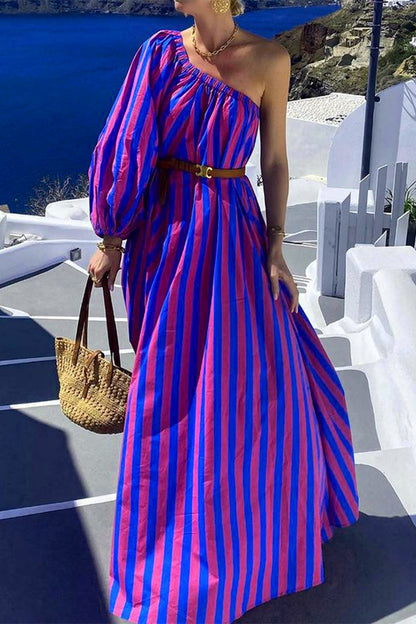 Casual Vacation Striped Print With Belt Oblique Collar Irregular Dresses Purple