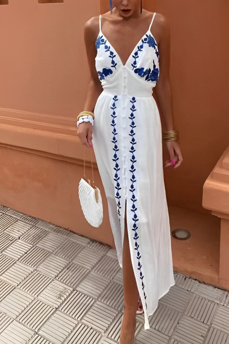 Sexy Flowers Embroidered Slit V Neck Sling Dresses White