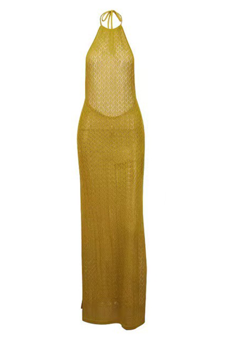 Sexy Solid Color Lace Up Backless Slit Halter Beach Dresses(3 Colors)