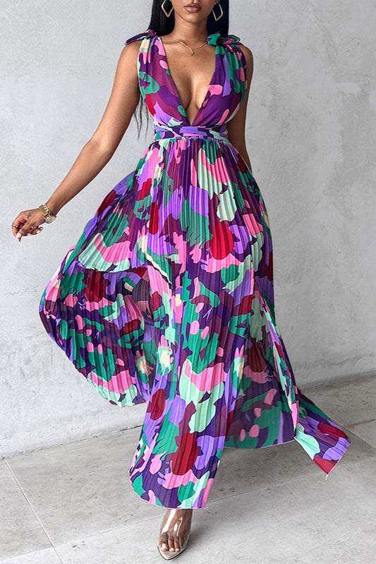 Sexy Print Lace Up Backless Deep V Neck Long Dresses Purple