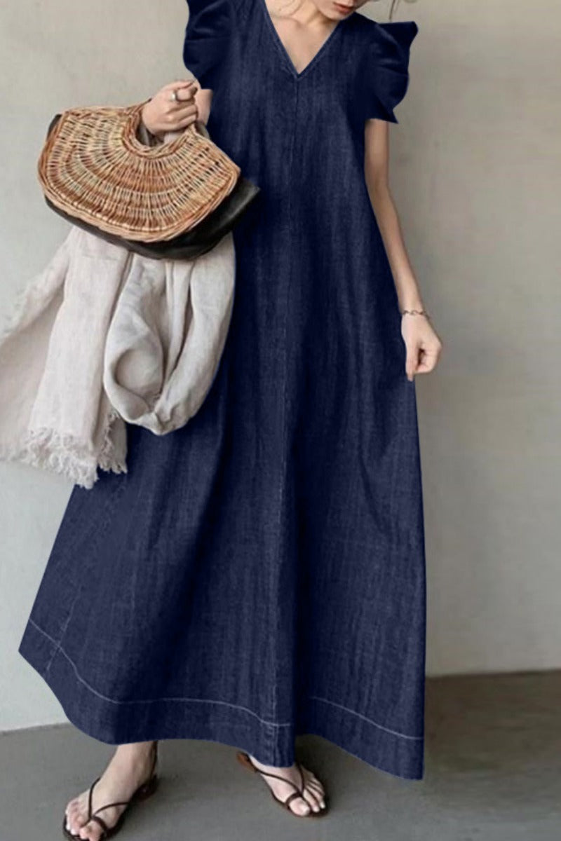 Casual Solid Color Basic V Neck Sleeveless Loose Denim Dresses(3 Colors) Deep Blue