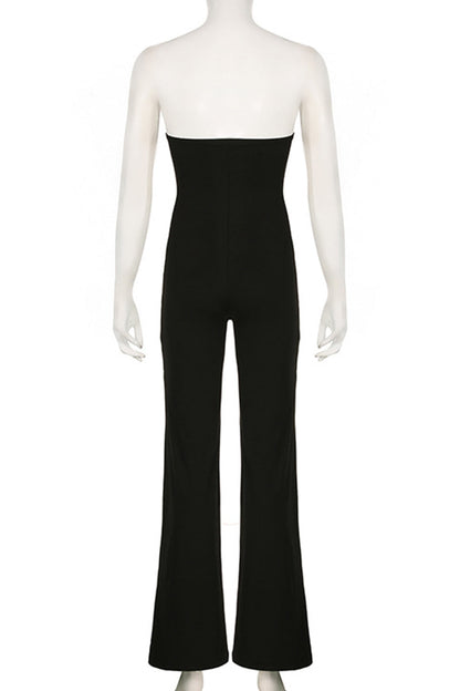 Sexy Solid Color Backless Patchwork Strapless Regular Jumpsuits