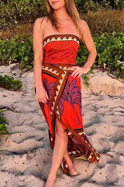 Sexy Vacation Floral Print Strapless Strapless Dresses Red