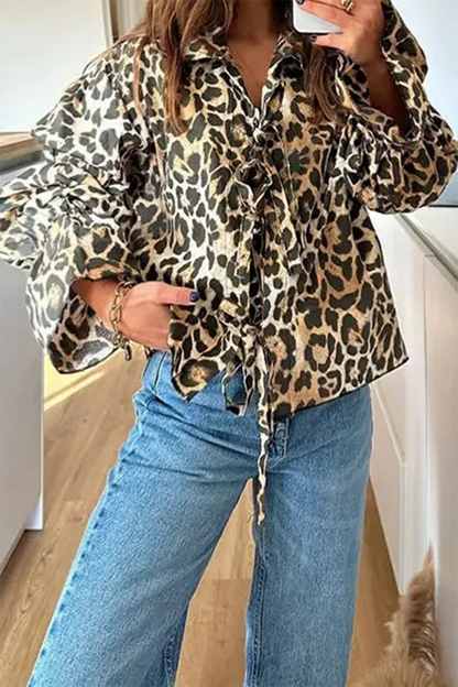 Casual Leopard Print Lace Up Turndown Collar Blouses Leopard Print