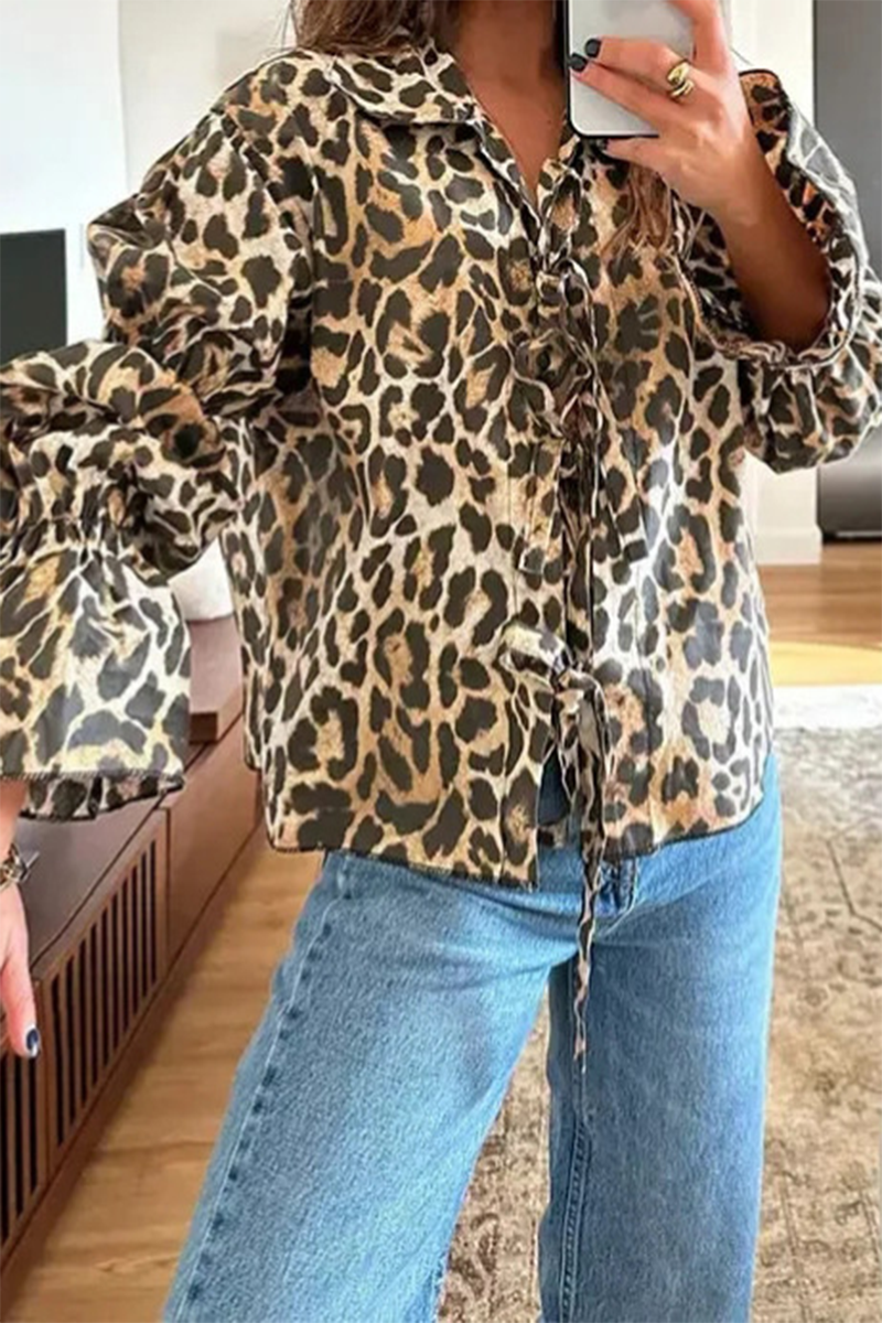 Casual Leopard Print Lace Up Turndown Collar Blouses