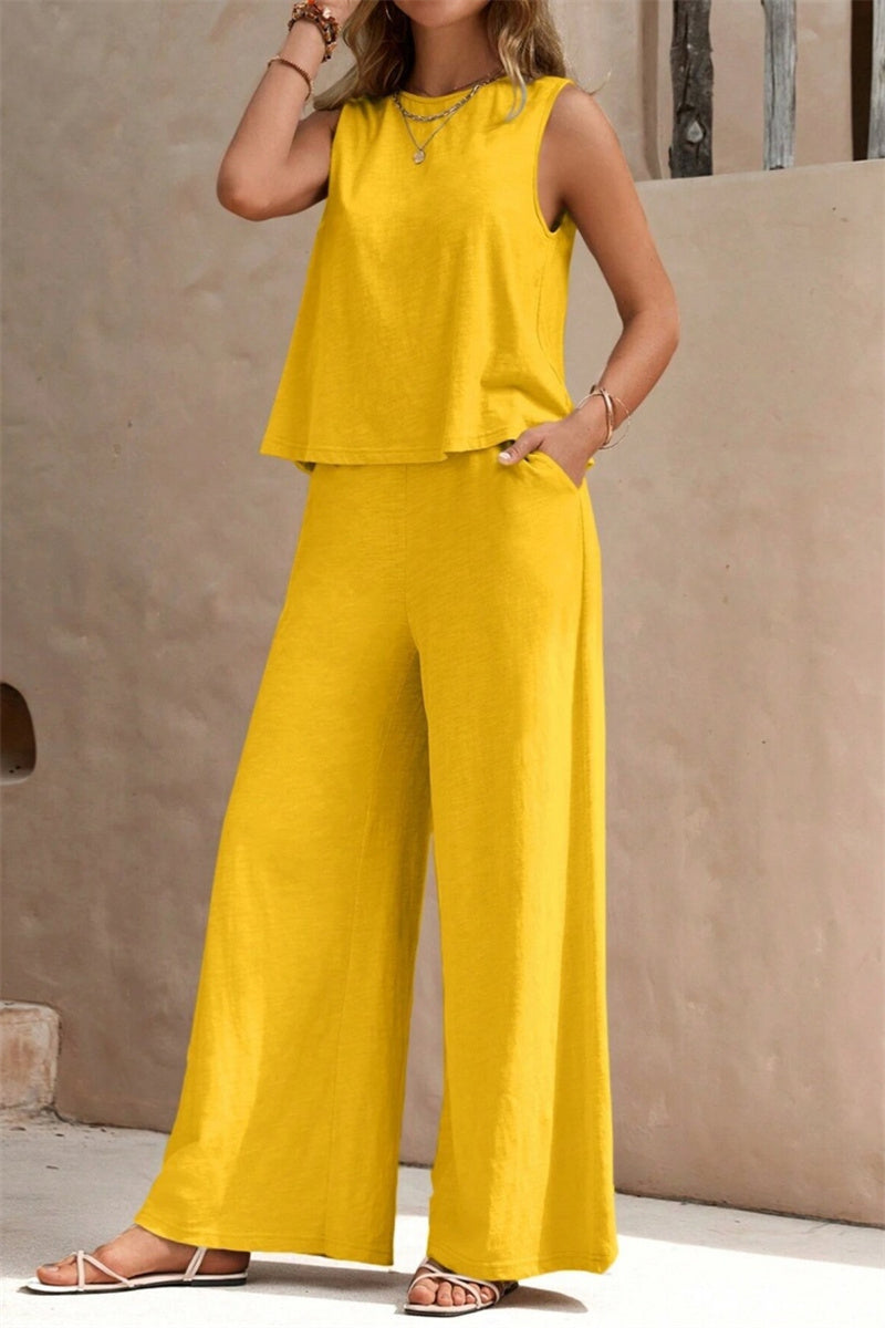 Casual Daily Solid Color Basic O Neck Sleeveless Two Pieces(5 Colors) Yellow