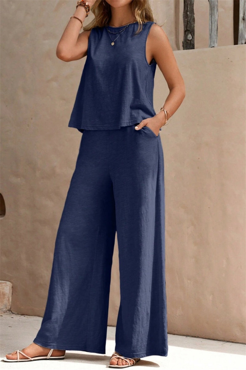 Casual Daily Solid Color Basic O Neck Sleeveless Two Pieces(5 Colors) Deep Blue