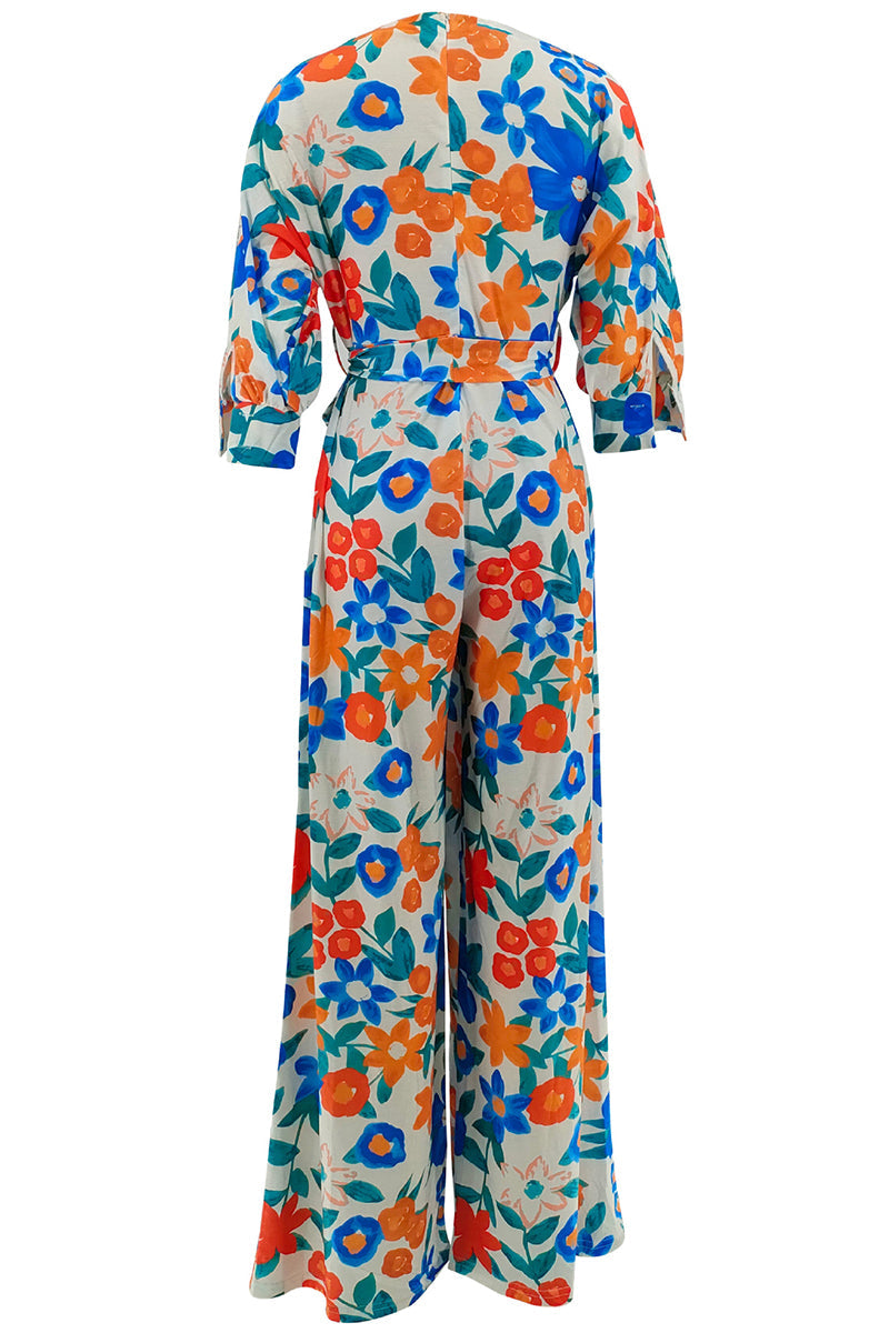 Celebrities Print Ruched Strap Design Patchwork V Neck Loose Jumpsuits