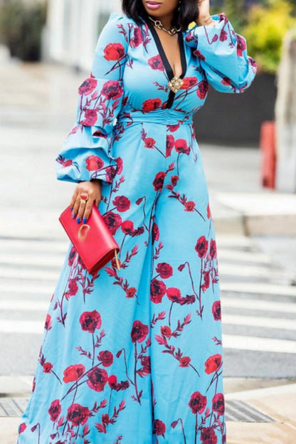 Celebrities Print Patchwork V Neck Loose Jumpsuits Blue