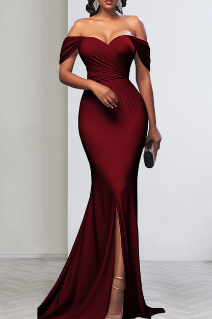 Celebrities Solid Color Backless High Slit Zipper Patchwork Off Shoulder Long Dresses(3 Colors) Burgundy