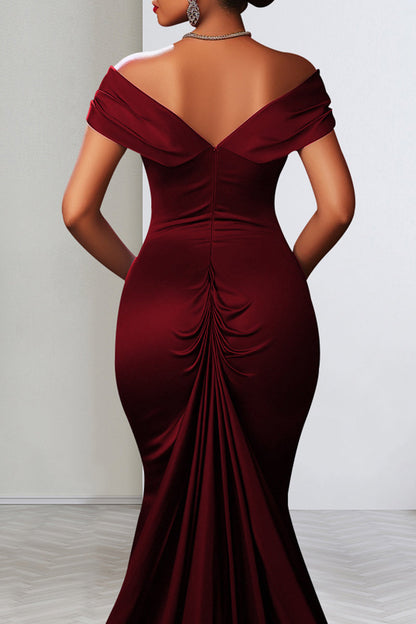 Celebrities Solid Color Backless High Slit Zipper Patchwork Off Shoulder Long Dresses(3 Colors)