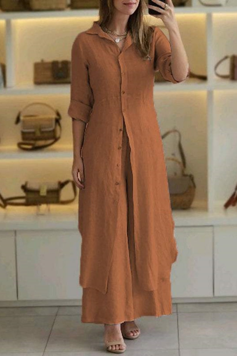 Casual Solid Color Buttons Shirt Collar Long Sleeve Two Pieces(7 Colors) Brown