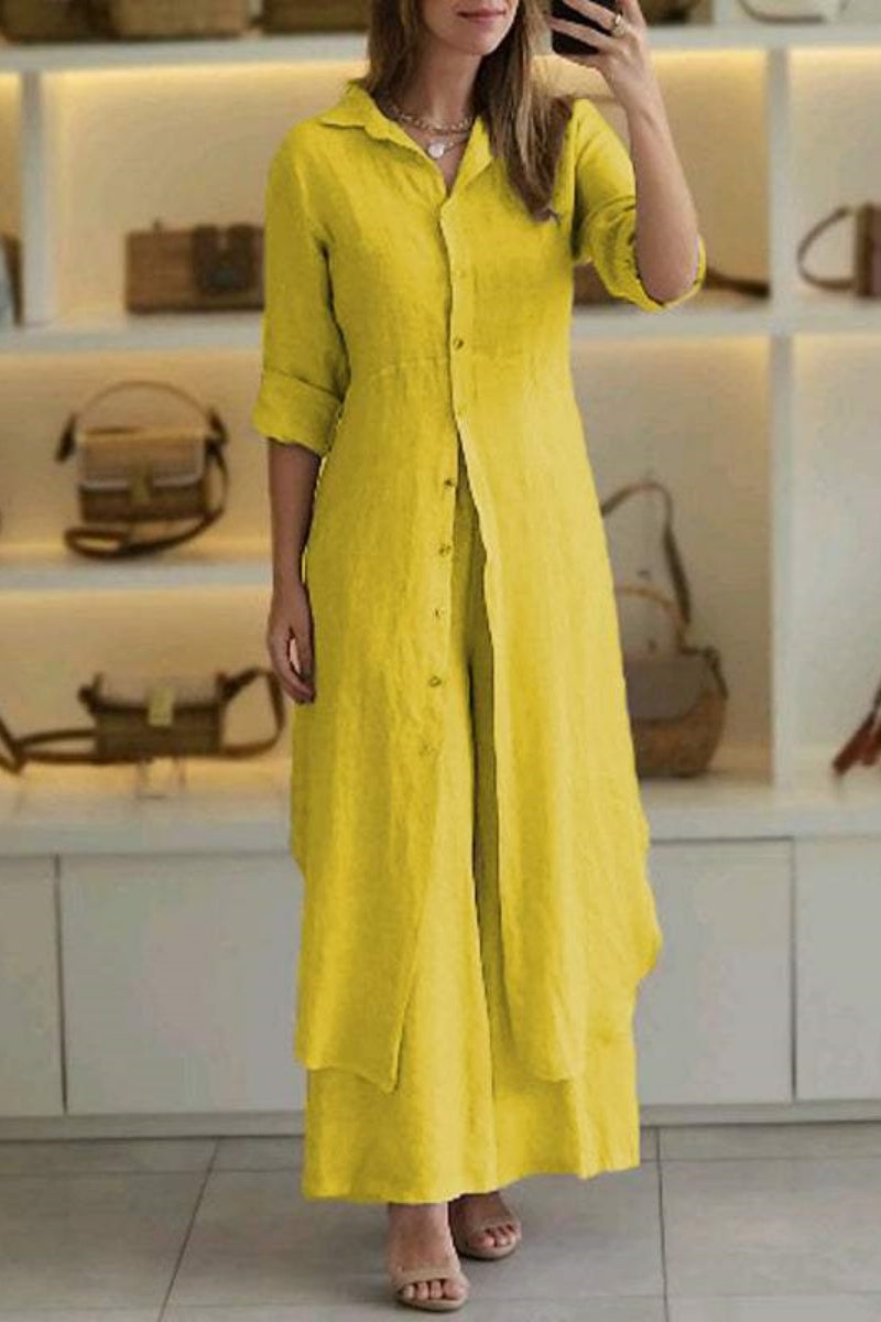 Casual Solid Color Buttons Shirt Collar Long Sleeve Two Pieces(7 Colors) Yellow