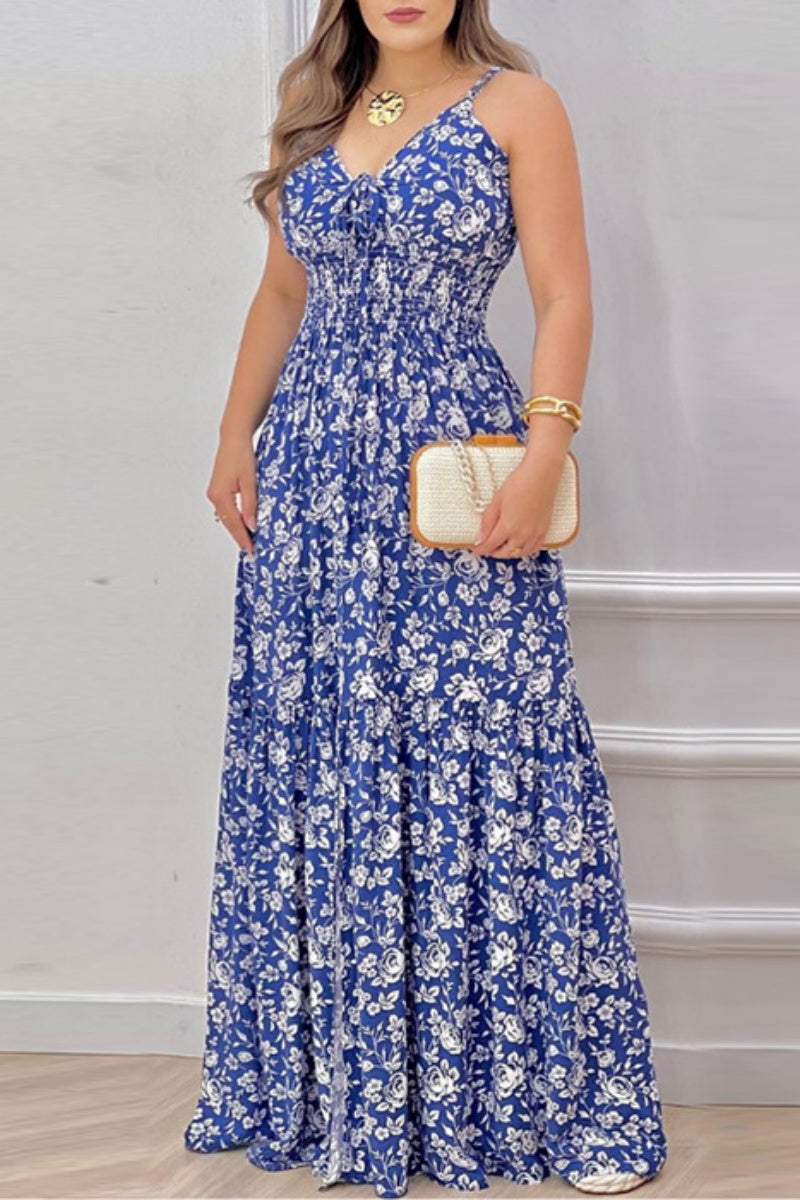 Sexy Casual Floral Print Backless Spaghetti Strap Long Dresses Blue