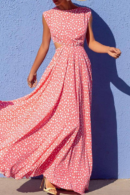 Casual Polka Dot Print Hollow Out O Neck Long Dresses