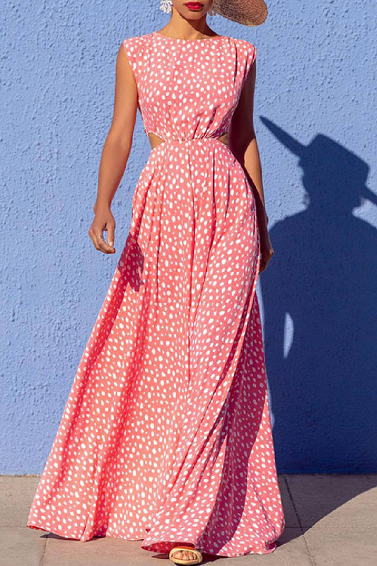 Casual Polka Dot Print Hollow Out O Neck Long Dresses Pink