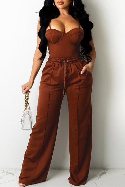 Sexy Casual Solid Vests Pants Spaghetti Strap Sleeveless Two Pieces Dark Brown