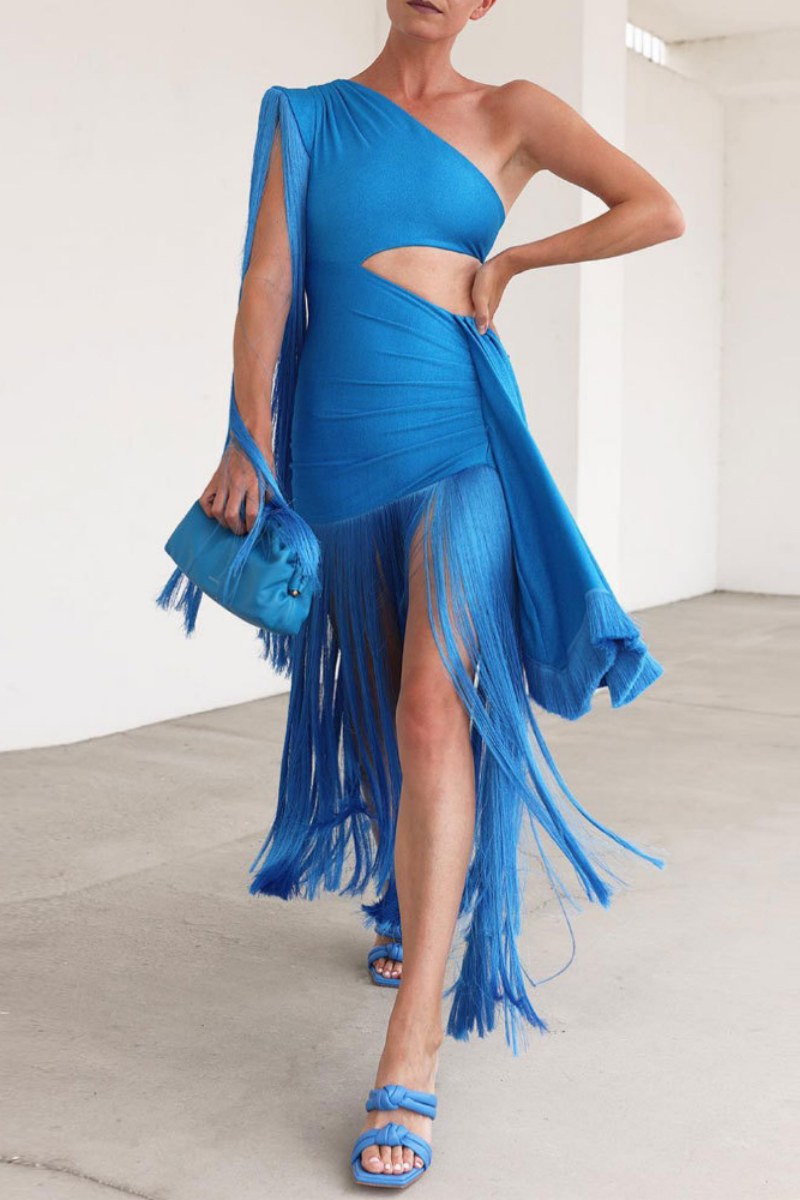 Sexy Solid Color Fringed Trim Hollow Out Backless Oblique Collar Irregular Dresses Blue