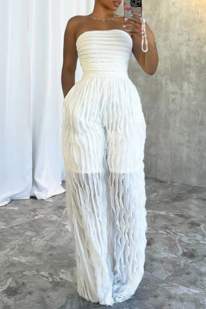 Casual Solid Color Backless Strapless Bodycon Jumpsuits White