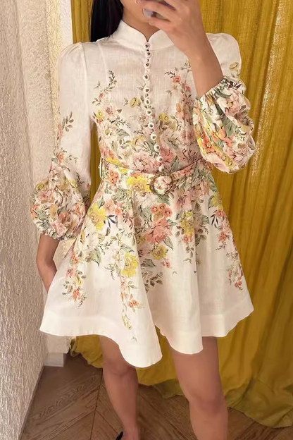 Daily Celebrities Flowers Print Buckle Half A Turtleneck A Line Dresses White