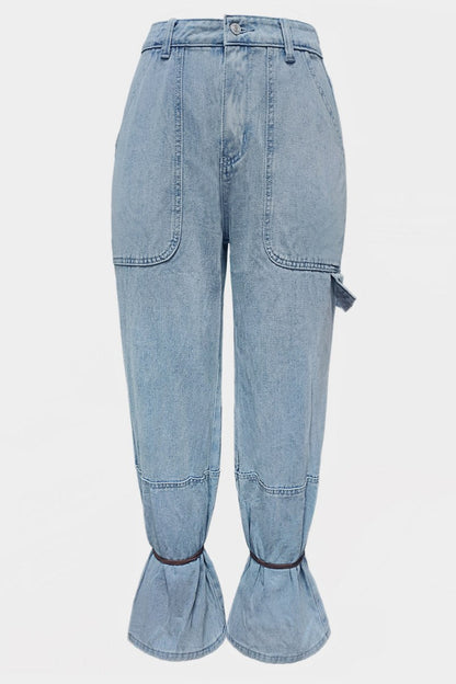 Casual Solid Color Pocket Belted Regular Denim Jeans (Subject To The Actual Object )