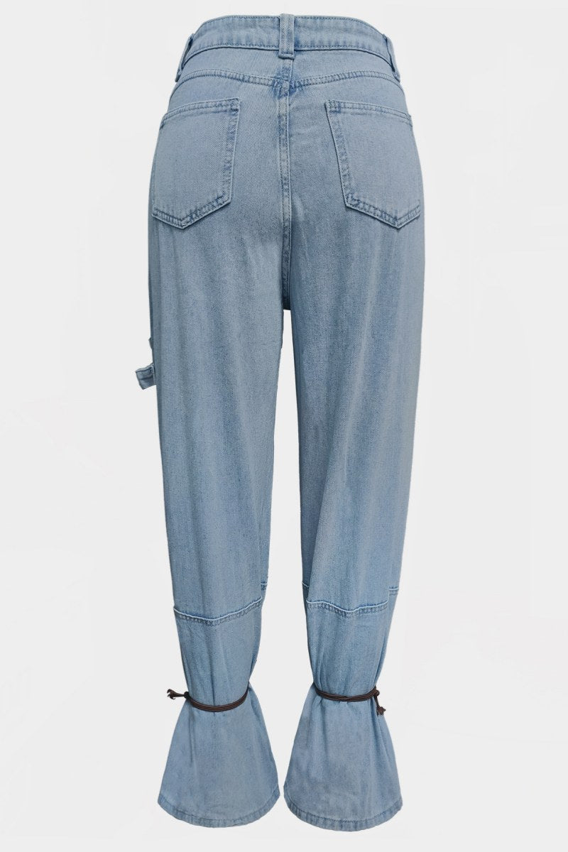 Casual Solid Color Pocket Belted Regular Denim Jeans (Subject To The Actual Object )