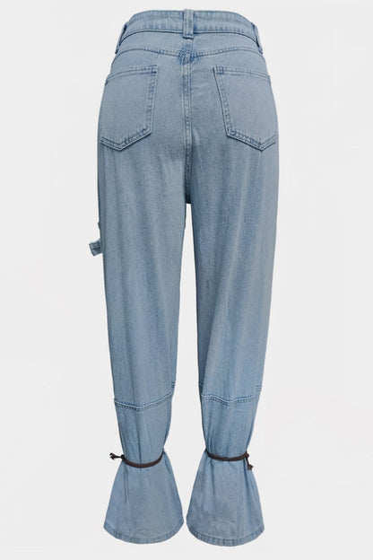 Casual Solid Color Pocket Belted Regular Denim Jeans (Subject To The Actual Object )