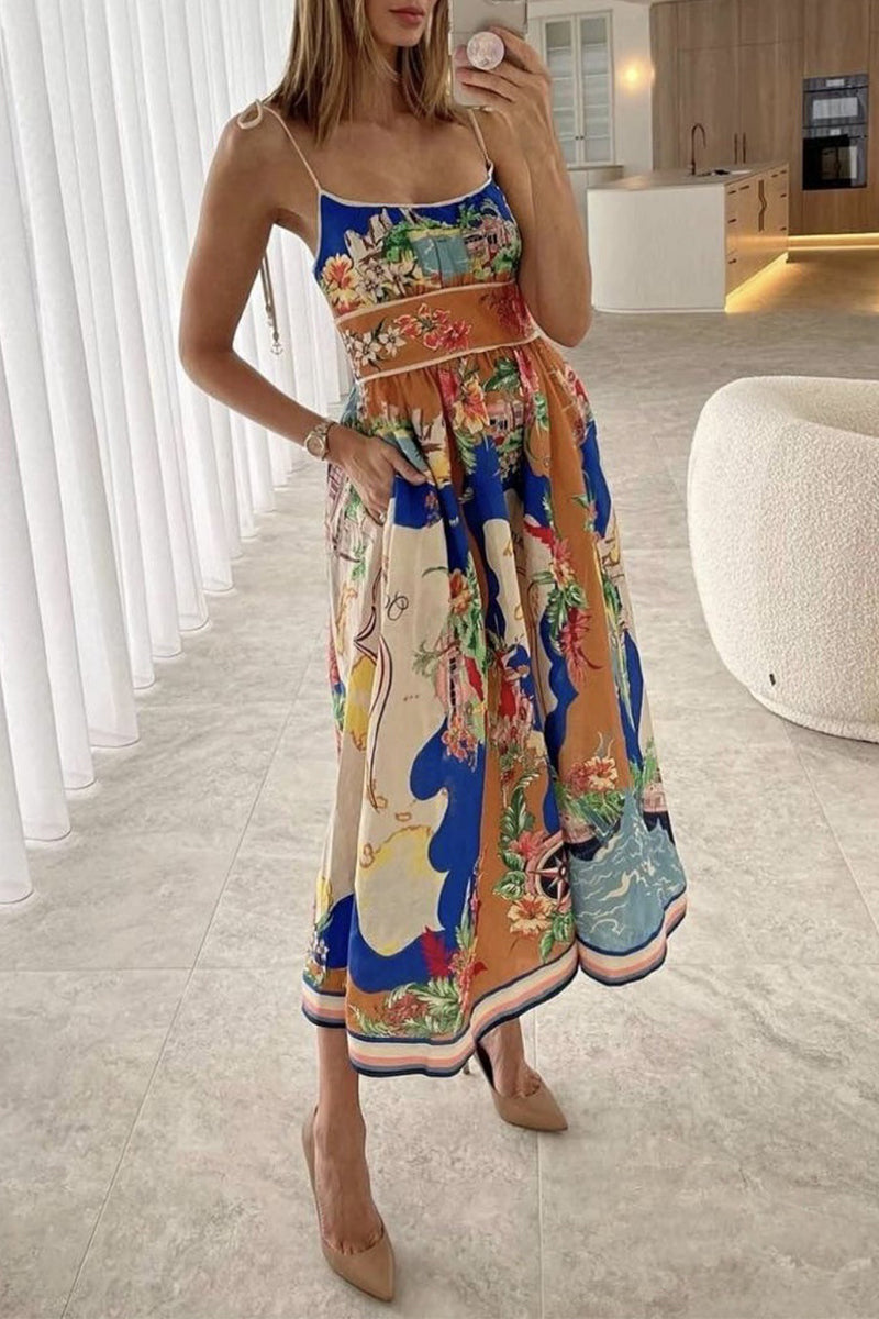 Casual Floral Print Patchwork U Neck Printed Dresses Multicolor