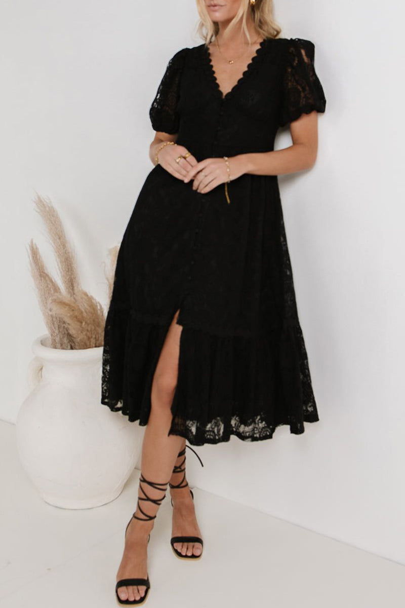 Casual Daily Solid Color Lace Buttons V Neck A Line Dresses(4 Colors) Black