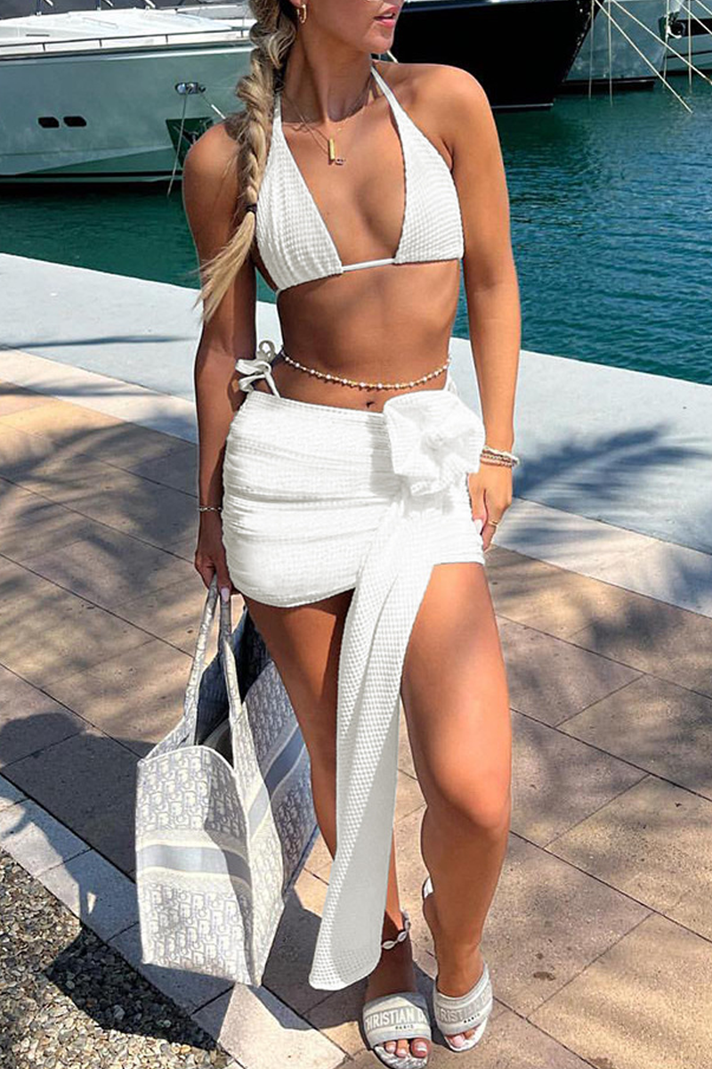 Sexy Vacation Solid Color Strap Design 3 Piece Sets White