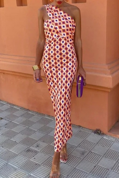 Sexy Celebrities Geometric Print Irregular Contrast Oblique Collar Sleeveless Dresses Orange