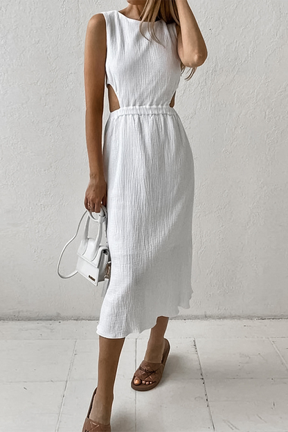 Casual Street Solid Color Hollow Out O Neck Sleeveless Dresses White