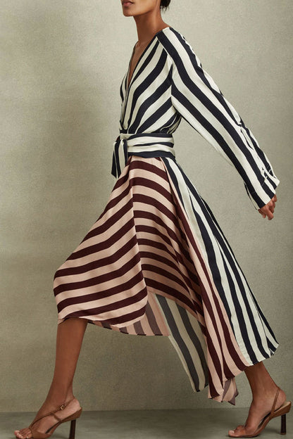 Celebrities Stripe Patchwork Deep V Neck Long Dresses