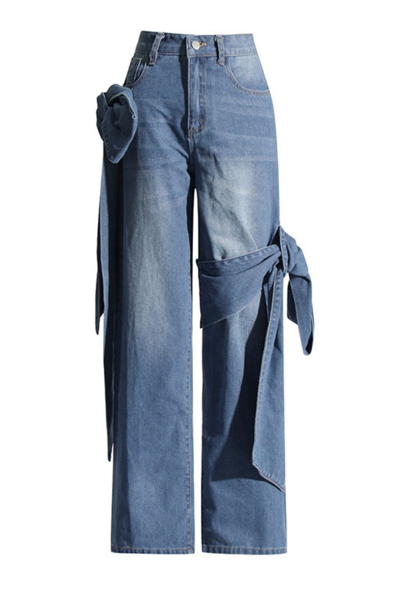 Casual Patchwork Belted High Waist Straight Denim Jeans