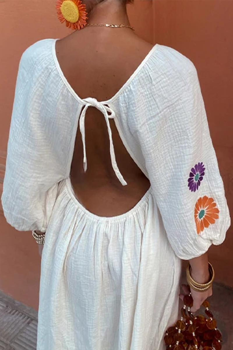 Casual Flowers Embroidered Lace Up Backless V Neck A Line Dresses